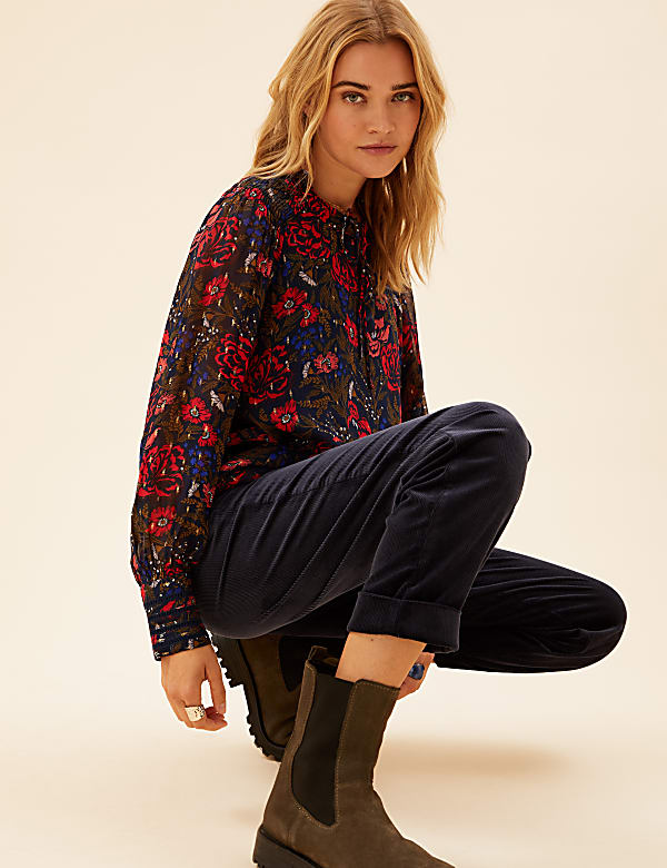 Floral Tie Neck Ruffle Long Sleeve Blouse