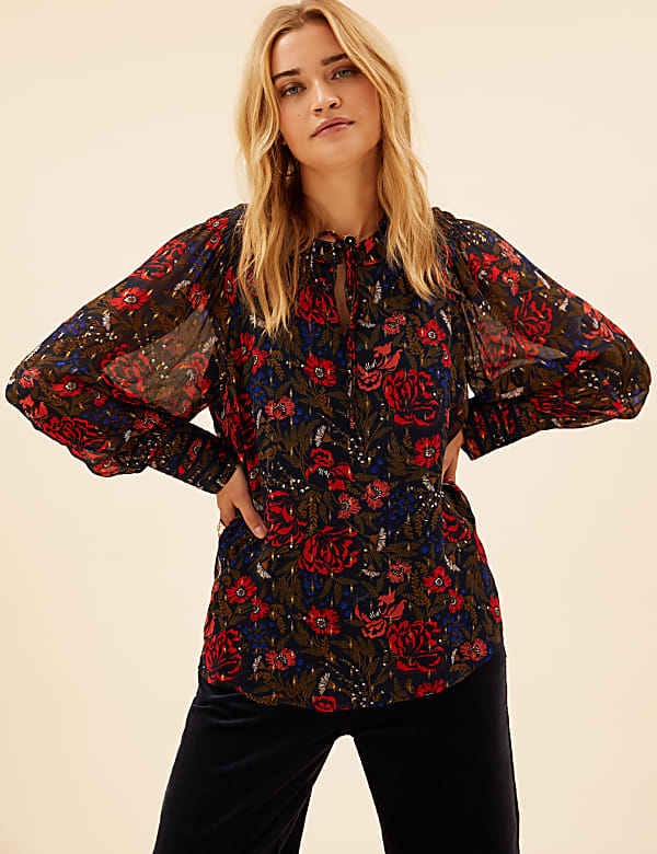 Floral Tie Neck Ruffle Long Sleeve Blouse