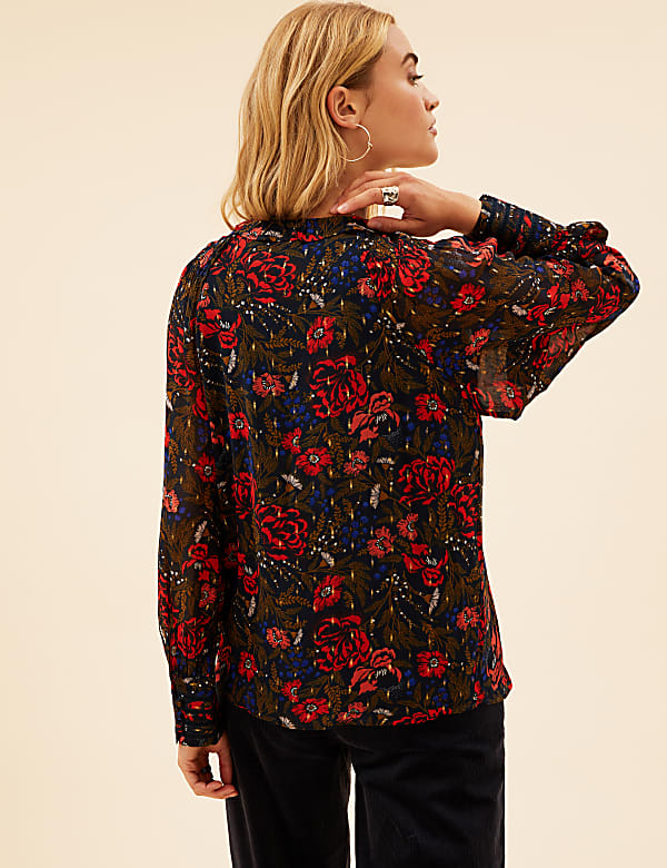 Floral Tie Neck Ruffle Long Sleeve Blouse