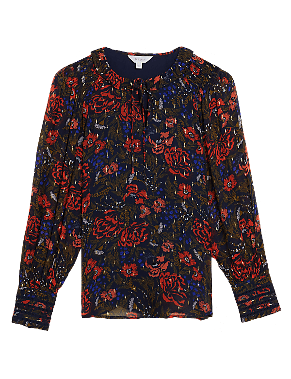 Floral Tie Neck Ruffle Long Sleeve Blouse