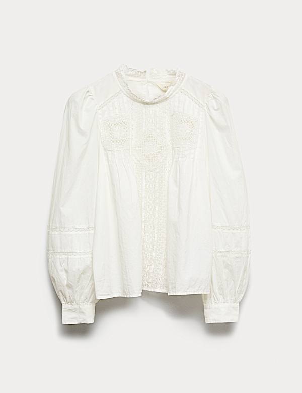 Pure Cotton Crew Neck Lace Front Blouse - US