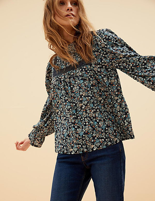 Pure Cotton Floral Lace Insert Blouse