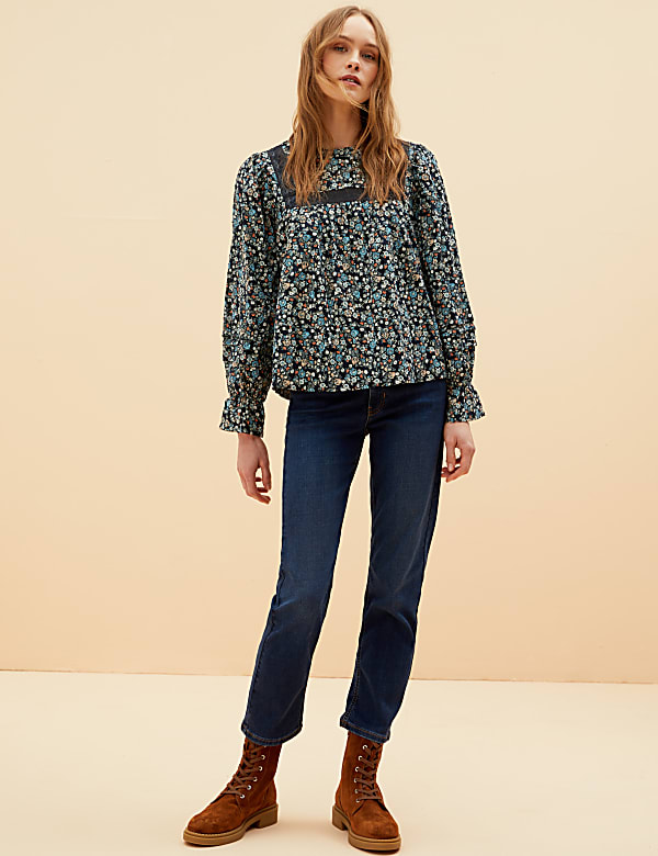 Pure Cotton Floral Lace Insert Blouse