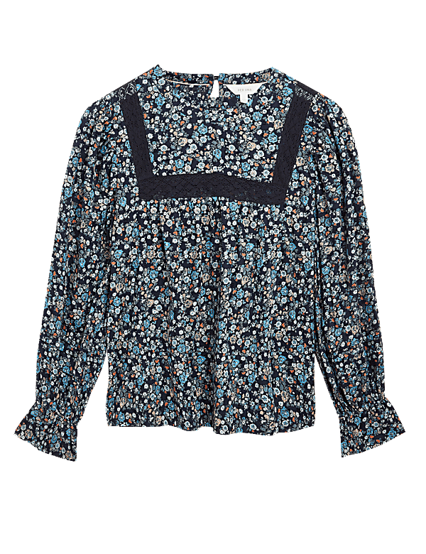 Pure Cotton Floral Lace Insert Blouse