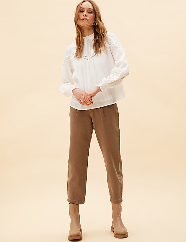 Frill Neck Lace Insert Blouse