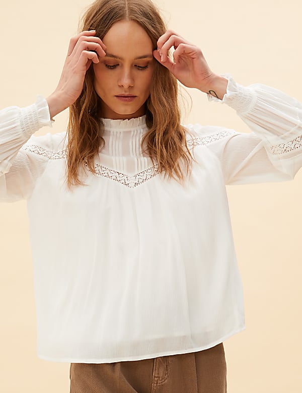 Frill Neck Lace Insert Blouse
