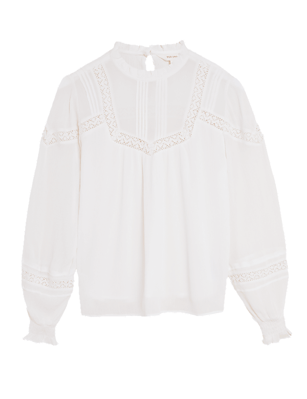 Frill Neck Lace Insert Blouse