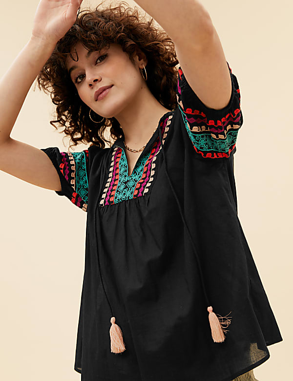 Pure Cotton Embroidered Short Sleeve Blouse