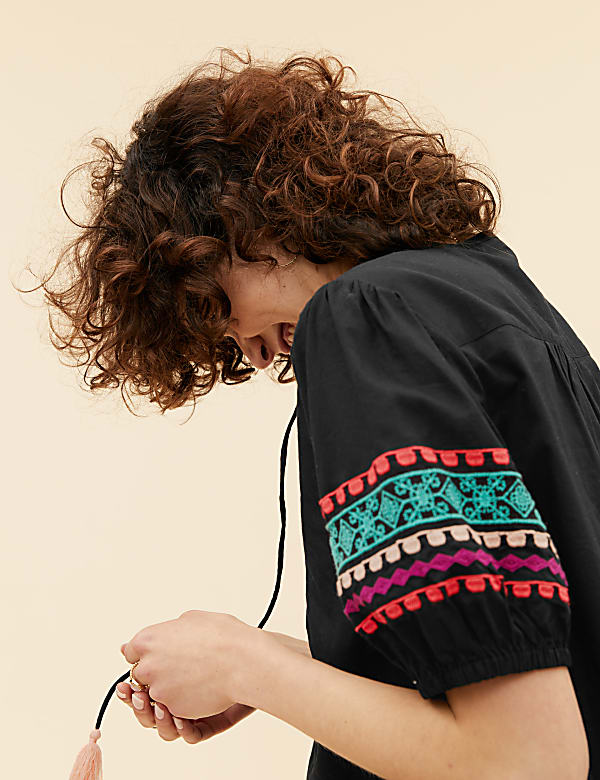 Pure Cotton Embroidered Short Sleeve Blouse