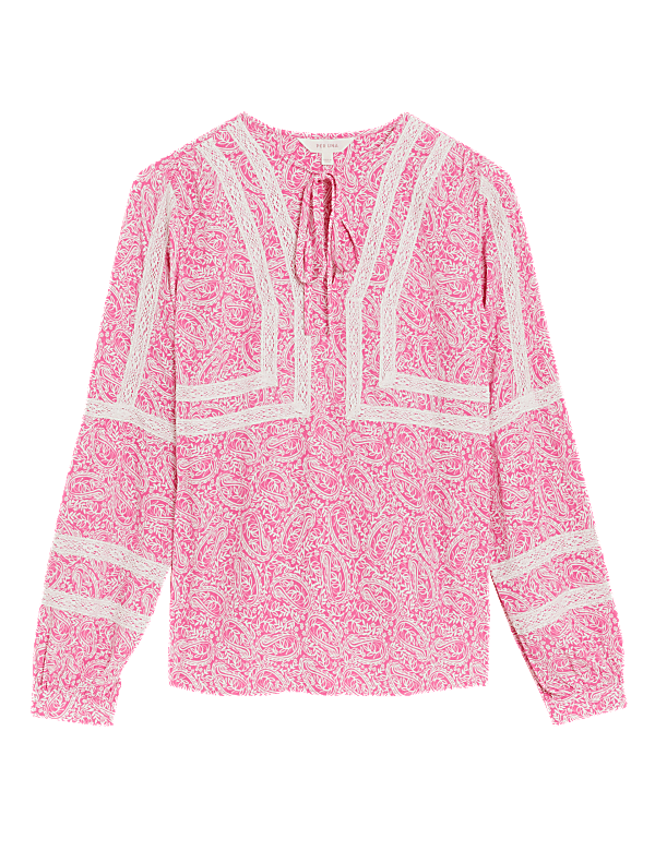 Floral Lace Tie Neck Long Sleeve Blouse