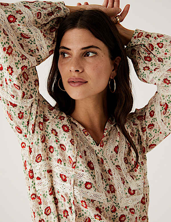 Floral Lace Tie Neck Long Sleeve Blouse