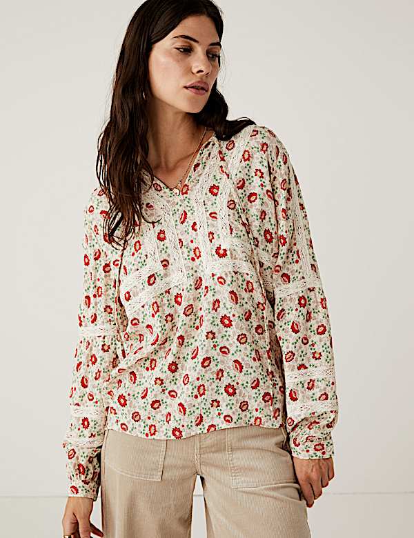 Floral Lace Tie Neck Long Sleeve Blouse