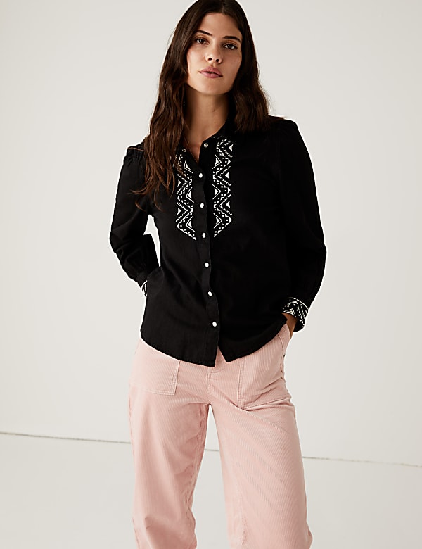 Denim Embroidered Long Sleeve Shirt