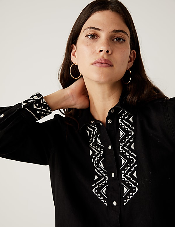 Denim Embroidered Long Sleeve Shirt