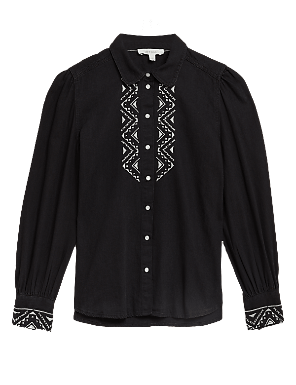 Denim Embroidered Long Sleeve Shirt