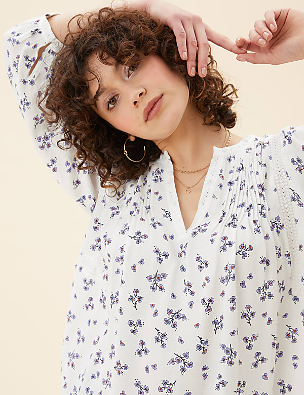 Floral V-Neck 3/4 Sleeve Popover Blouse