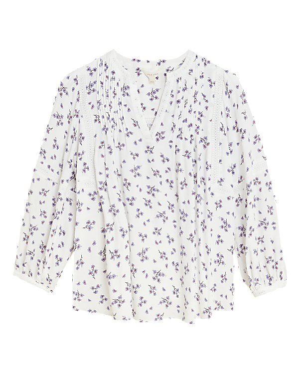 Floral V-Neck 3/4 Sleeve Popover Blouse