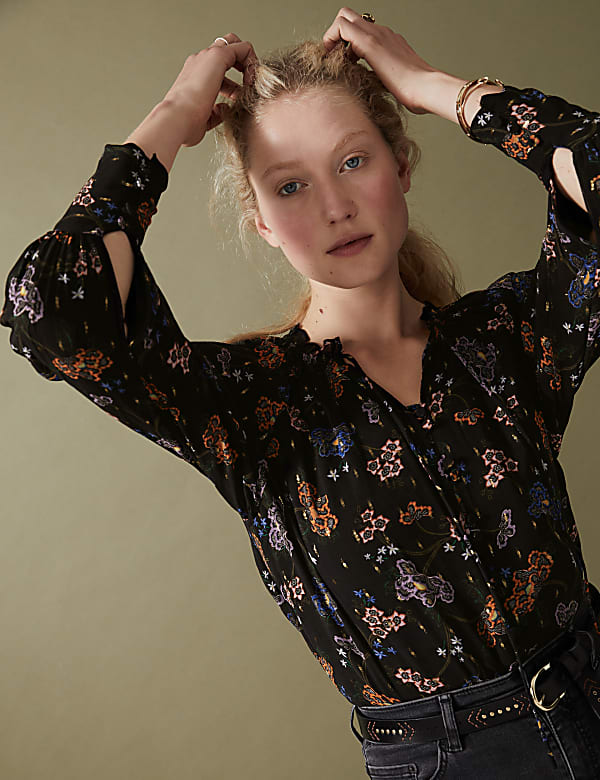 Floral Tie Neck Long Sleeve Blouse