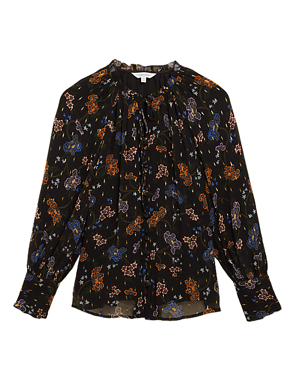 Floral Tie Neck Long Sleeve Blouse