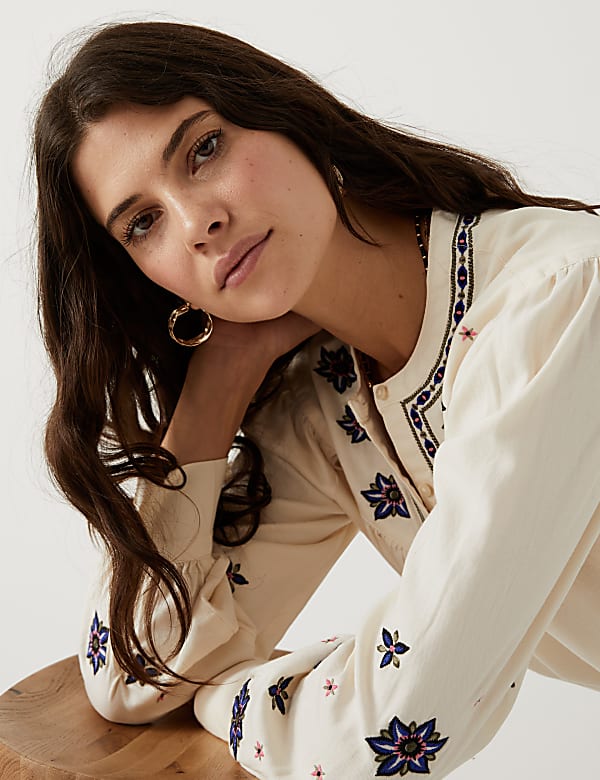Pure Cotton Embroidered Long Sleeve Blouse
