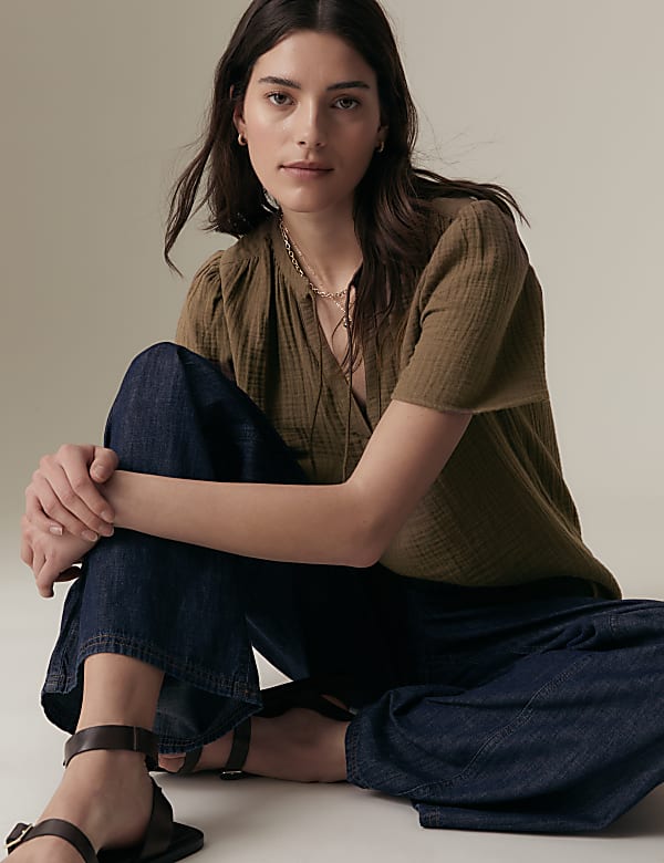 Pure Cotton Textured Tie Neck Blouse