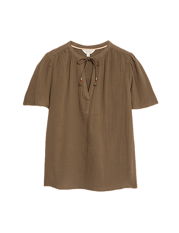 Pure Cotton Textured Tie Neck Blouse