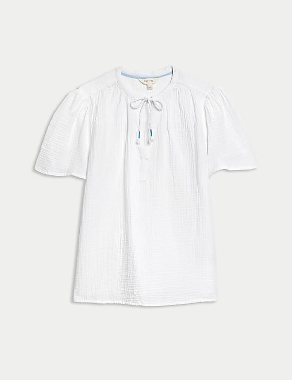 Puur katoenen blouse met strikkraag en structuur - NL