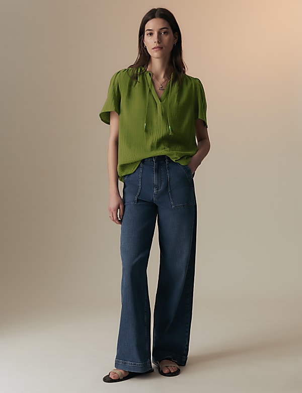 Pure Cotton Textured Tie Neck Blouse