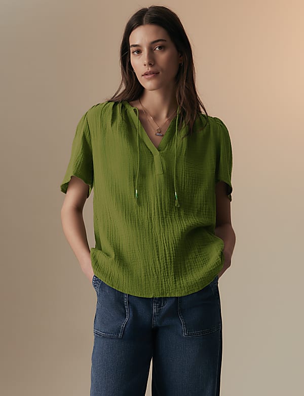 Pure Cotton Textured Tie Neck Blouse