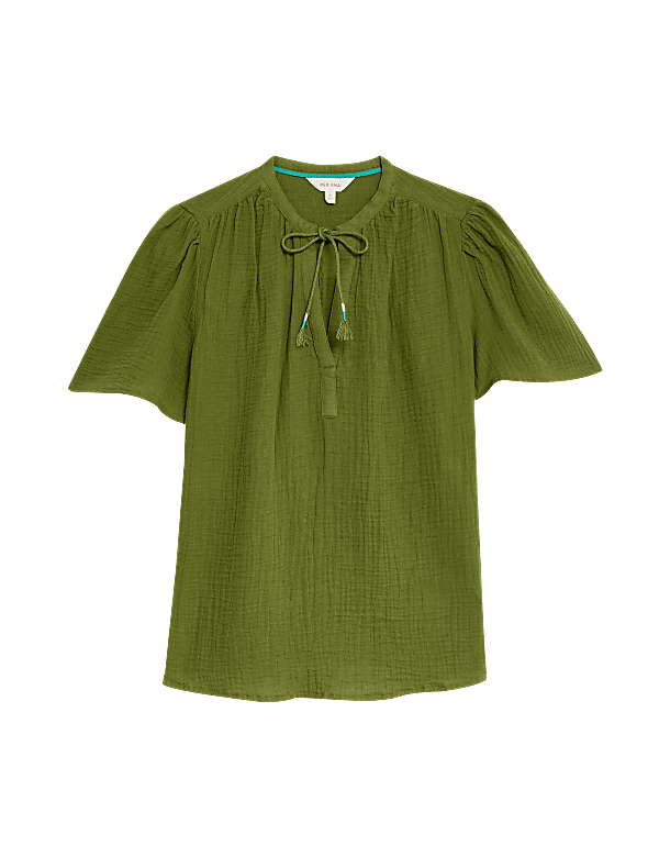 Pure Cotton Textured Tie Neck Blouse