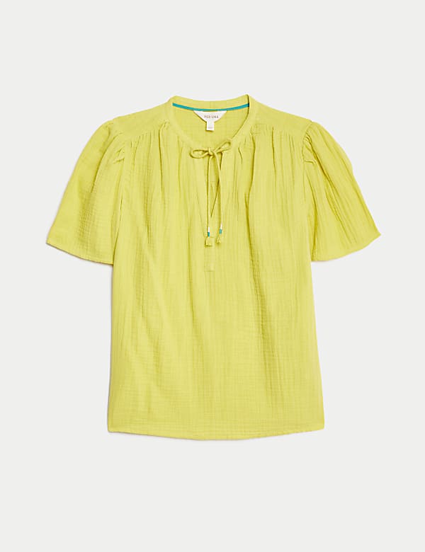Pure Cotton Textured Tie Neck Blouse - CY