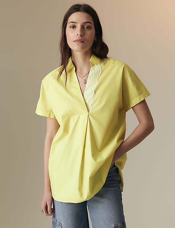 Pure Cotton Oversized Collared Lace Detail Blouse