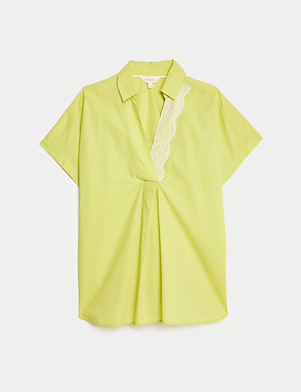 Pure Cotton Oversized Collared Lace Detail Blouse - HR