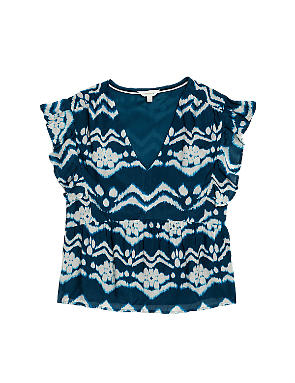 Cupro Blend Printed V Neck Blouse