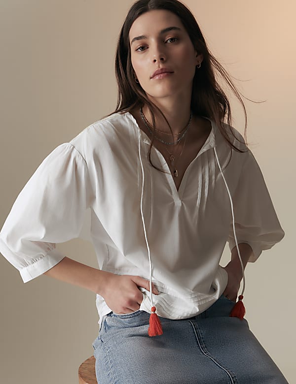 Pure Cotton Tie Neck Pintuck Blouse - MX