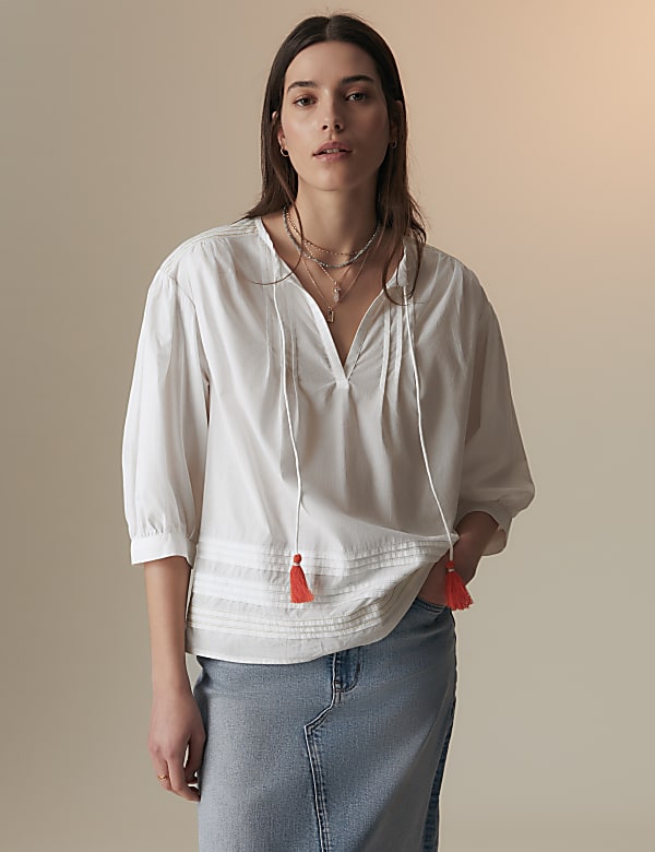 Pure Cotton Tie Neck Pintuck Blouse
