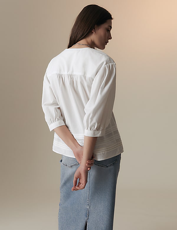 Pure Cotton Tie Neck Pintuck Blouse