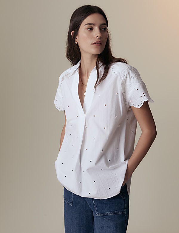 Pure Cotton Broderie Collared Blouse