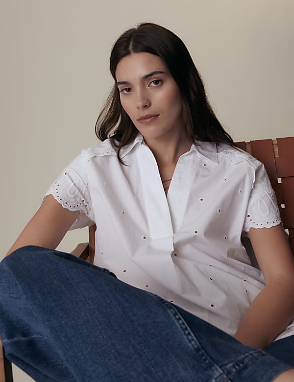 Pure Cotton Broderie Collared Blouse