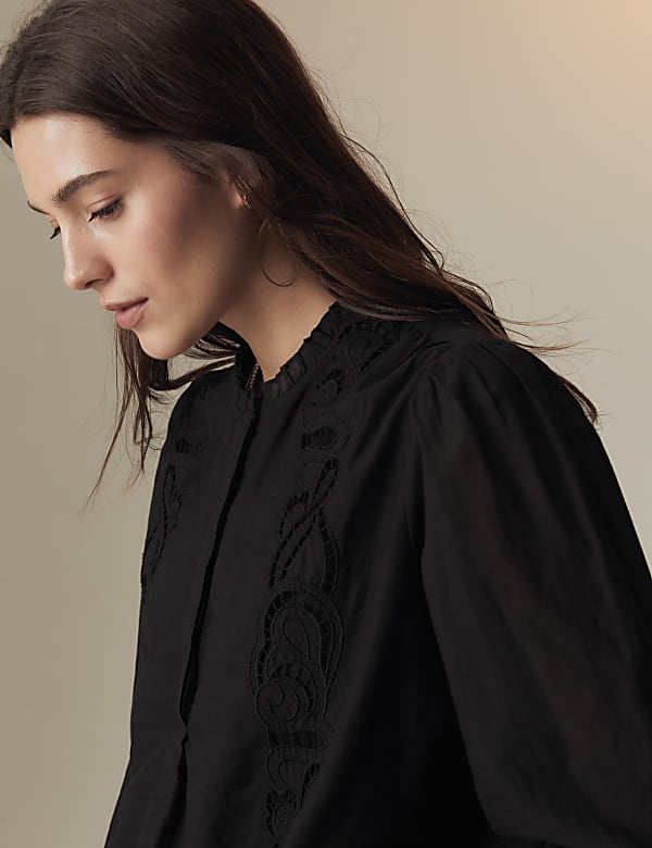 Cotton Rich Embroidered Frill Detail Blouse
