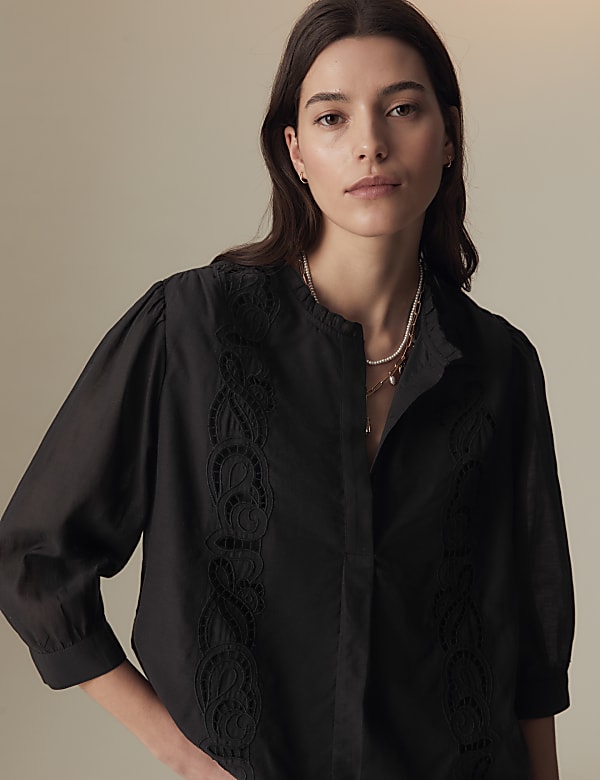Cotton Rich Embroidered Frill Detail Blouse