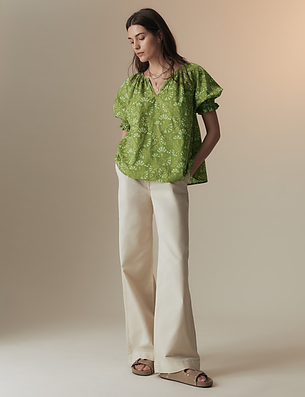 Pure Cotton Blouson Sleeve Relaxed Blouse