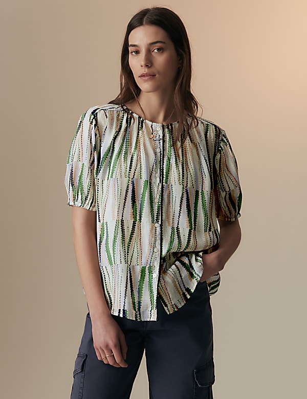 Cupro Rich Printed Short Sleeve Blouse