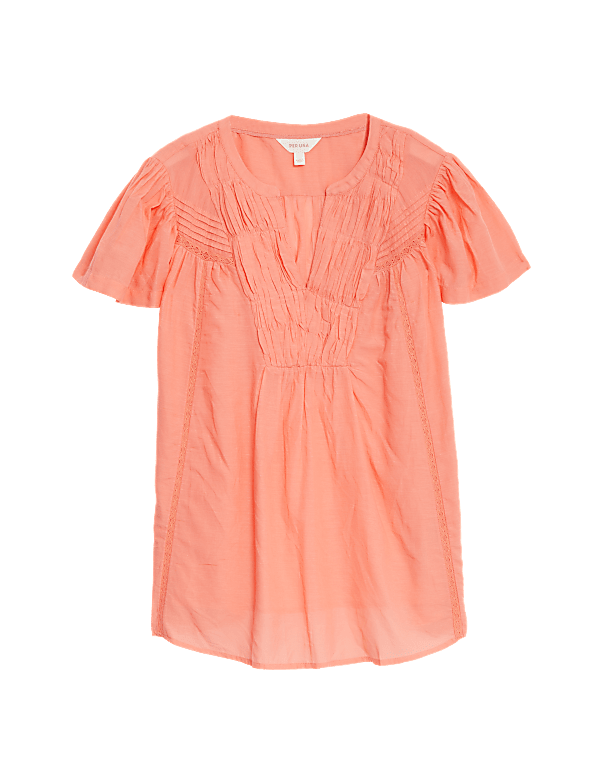 Cotton Rich Notch Neck Shirred Blouse