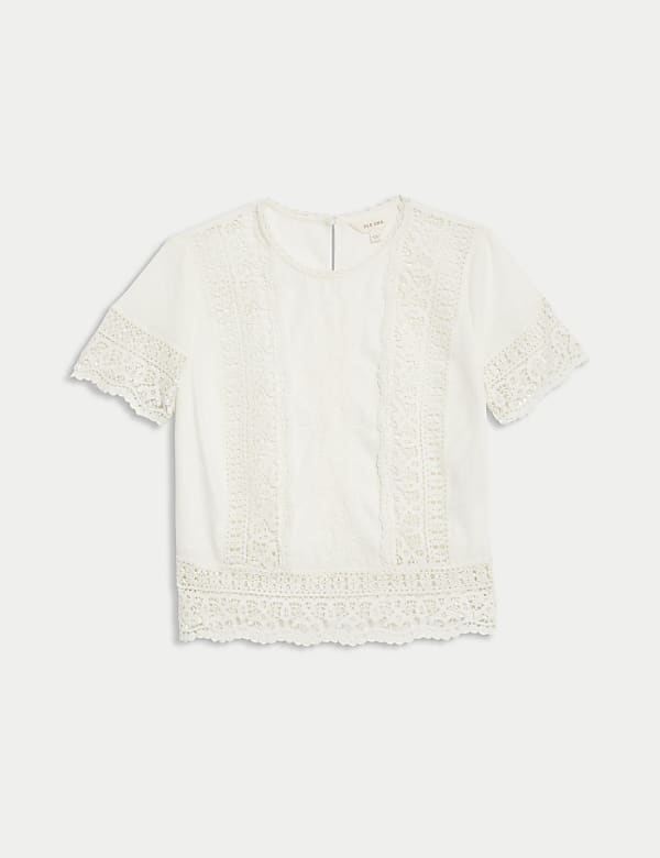 Linen Rich Embroidered Lace Detail Blouse