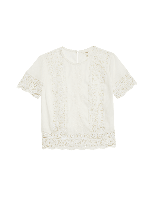 Linen Rich Embroidered Lace Detail Blouse