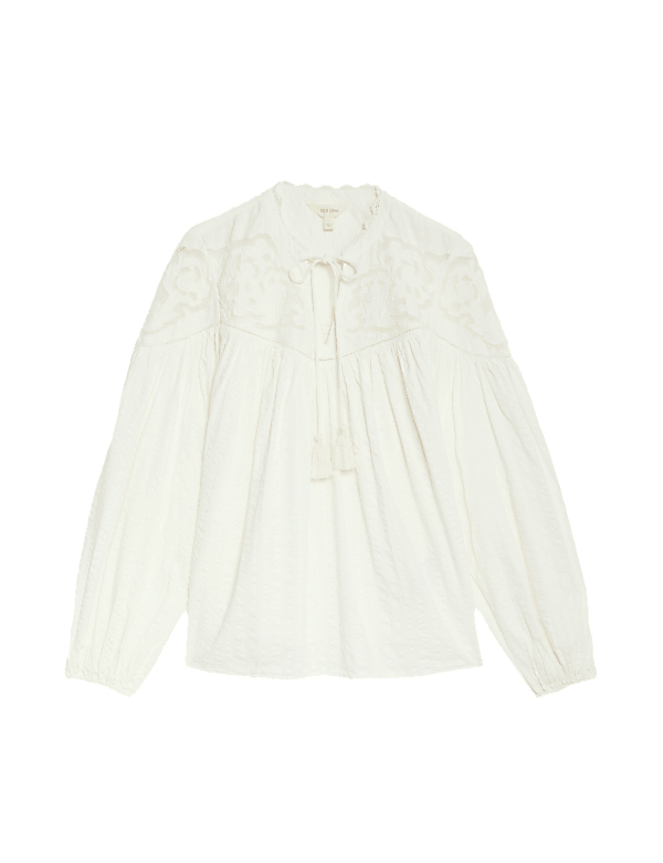 Cotton Rich Embroidered V-Neck Blouse
