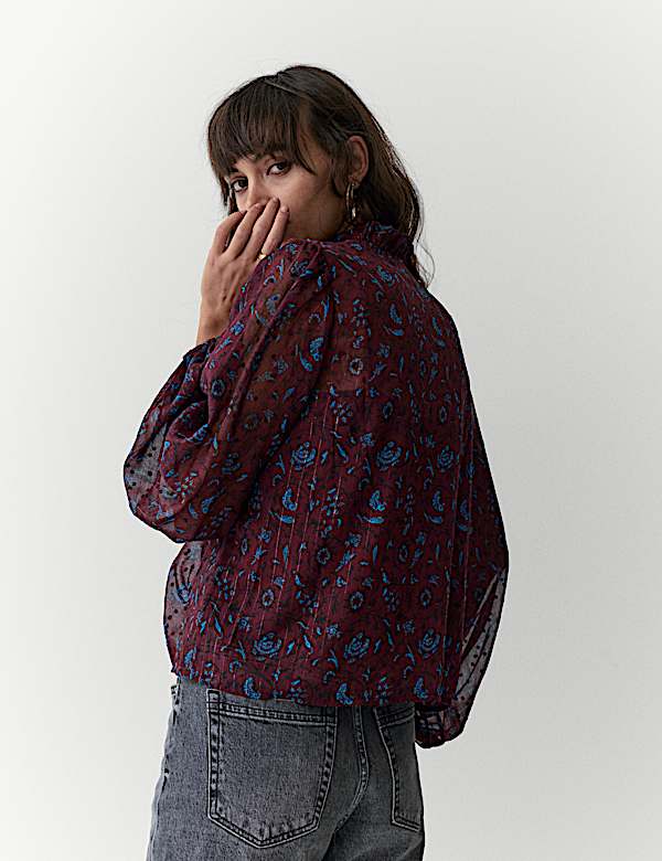 Sheer Chiffon Printed Metallic Tie Neck Top - IS