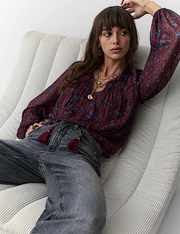 Sheer Chiffon Printed Metallic Tie Neck Top - IS