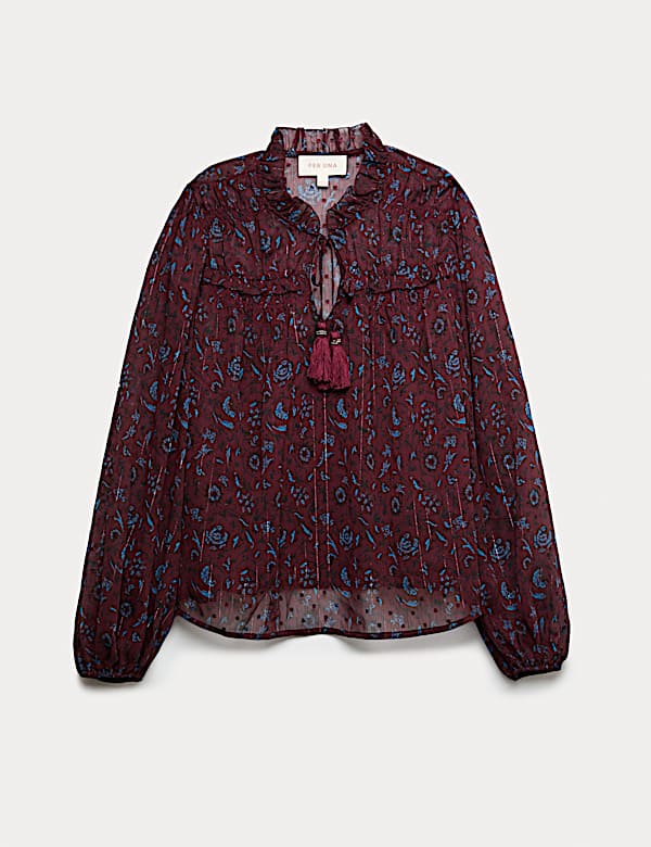 Sheer Chiffon Printed Metallic Tie Neck Top - US